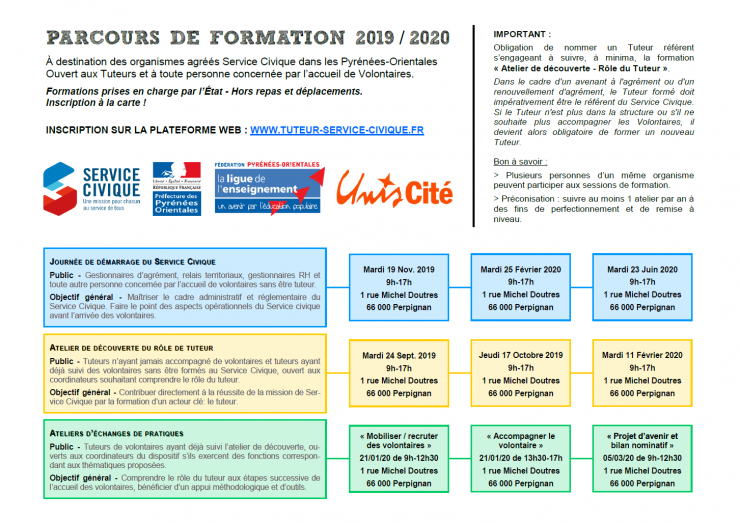 Service Civique &#8211; calendrier de formation 2019/2020 